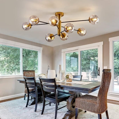 hesoge 8 Light Sputnik Semi Flush Mount Ceiling Light Fixture Mid Century Modern Chandelier with Glass Globe Black Gold Ceiling Lighting for Dinning Room Farmhouse Kitchen Bedroom Living Room