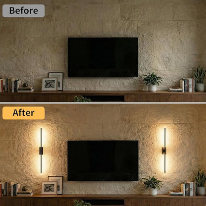 ONEWISH Battery Operated Wall Sconces Set of 2, 27.75" Rechargeable Wall Lights with Remote, 3-Color Dimmable Wireless Sconces for TV Wall Decor, Picture Light, Bedroom, Black