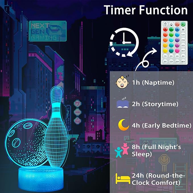 Bowling Night Light, Bowling Gifts 3D Illusion Lamp with 16 Colors Changing, Timer, 4 Flash Modes and Dimmable, Kids Boys Girls Room Decoration, Holiday Xmas Gifts