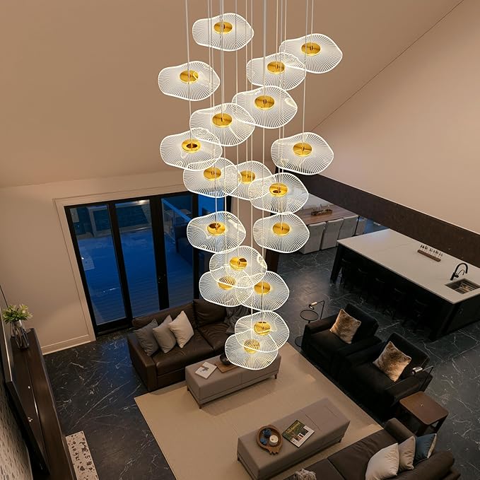 ziidoo High Ceiling Chandelier - 38-Light Dimmable Modern Gold Long Spiral Luxury Linear Lotus Leaf Led Lamp Hanging Pendant Lights for Foyer Enterway Staircase Villas