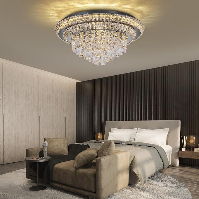 24 inch Crystal Flush Mount Black Chandelier, Modern Raindrop LED Ceiling Light, 3CCT Dimmable & Brightness Adjustable,Remote/APP ,Elegant Chandeliers for Bedroom Hallway Dinning Room Living Room