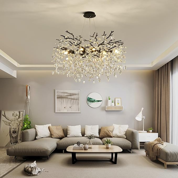 Modern Crystal Tree Branch Chandelier, Black Round Art Deco Pendant Light Raindrop Lighting Fixture for Dining Room Bedroom Foyer 8 Lights D23.7''