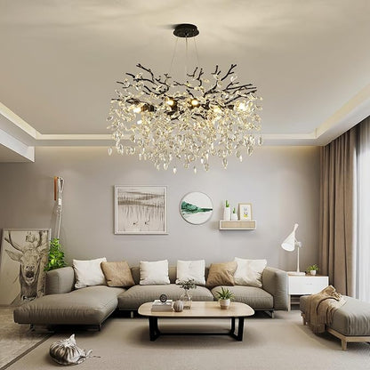 Modern Crystal Tree Branch Chandelier, Black Round Art Deco Pendant Light Raindrop Lighting Fixture for Dining Room Bedroom Foyer 8 Lights D23.7''