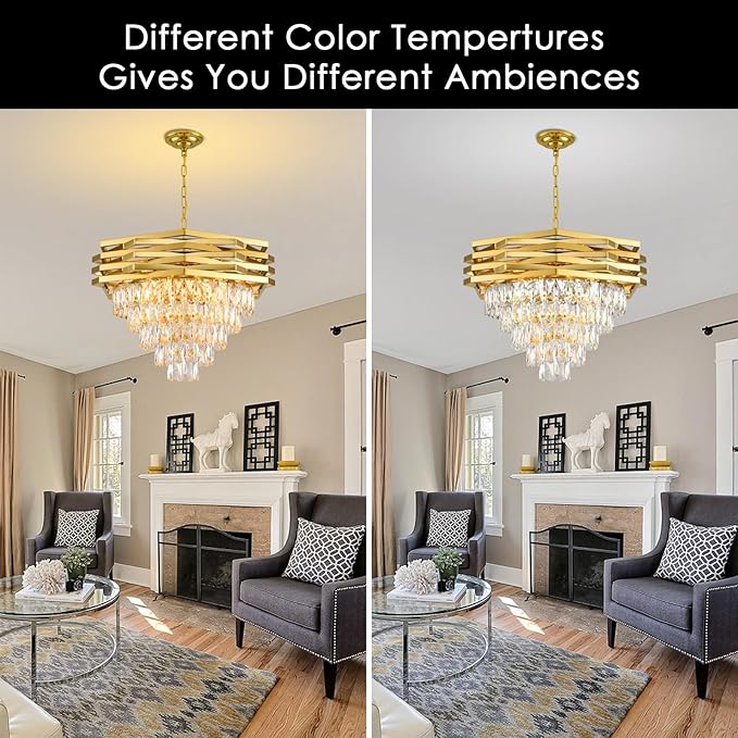 Gold Modern Crystal Chandelier 24" Round Chandeliers for Dining Room K9 5 Tiers Ceiling Pendant Light Fixtures Large Flush Mount Chandelier for Living Room Entryway Foyer Staircase