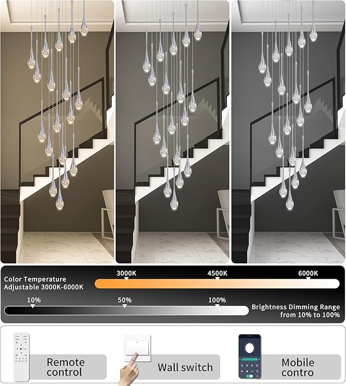 Modern Crystal Staircase Chandelier Polished Chrome 18-Lights, H118'' Large High Ceiling Spiral Dimmable LED Raindrop Foyer Entryway Light Fixture Remote Control