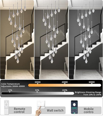 Modern Crystal Staircase Chandelier Polished Chrome 18-Lights, H118'' Large High Ceiling Spiral Dimmable LED Raindrop Foyer Entryway Light Fixture Remote Control