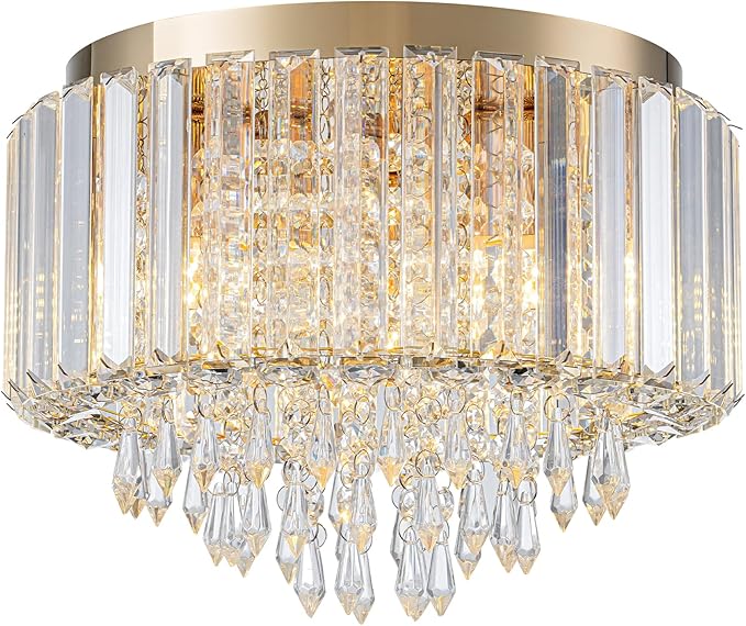 HOPGGIE 11.8 Inch Crystal Chandelier Modern Chandelier Light Mini Chandelier Semi Flush Mount Ceiling Light Fixture Small Chandelier for Bedroom Hallway Kitchen Foyer Closet (Gold)