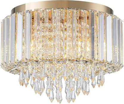 HOPGGIE 11.8 Inch Crystal Chandelier Modern Chandelier Light Mini Chandelier Semi Flush Mount Ceiling Light Fixture Small Chandelier for Bedroom Hallway Kitchen Foyer Closet (Gold)