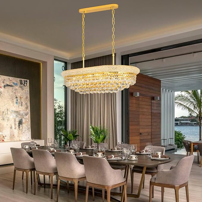 Crystal Chandeliers for Dining Room Light Fixtures Over Table, Modern Crystal Chandeliers for Kitchen lsland, 9 Lights Empire Style Gold Luxury Lighting Fixtures for Living Room Bar L31 Inch