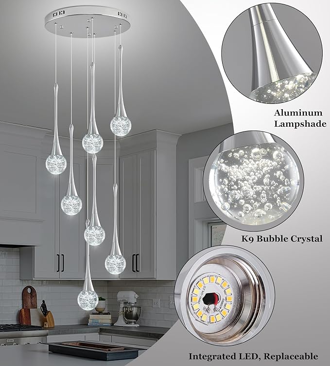 Modern Chrome Crystal Chandelier for Kitchen Island 7-Lights, Luxury Spiral Dimmable LED Bubble Raindrop Pendant Lighting Fixture for Dining Room Foyer Entryway Bedroom