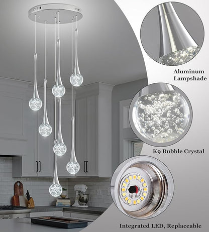 Modern Chrome Crystal Chandelier for Kitchen Island 7-Lights, Luxury Spiral Dimmable LED Bubble Raindrop Pendant Lighting Fixture for Dining Room Foyer Entryway Bedroom