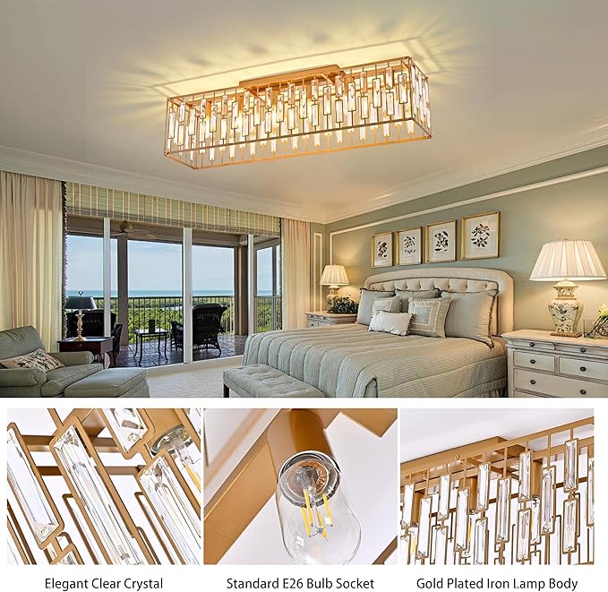 Garwarm 38.7 inch Gold Crystal Chandelier for Living Room, 6-Light Rectangle Flush Mount Ceiling Light Modern Chandeliers for Dining Room,Kitchen Chandeliers Over Table
