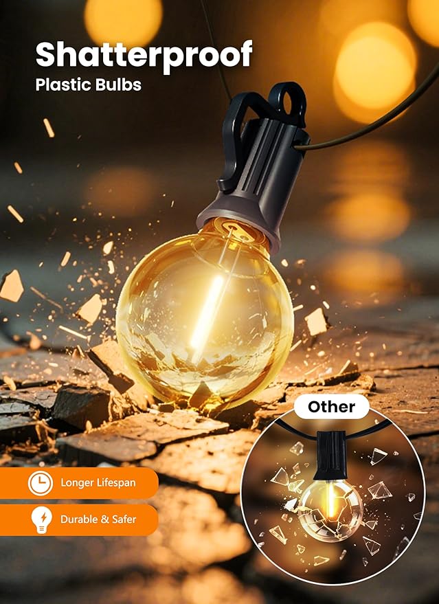 Outdoor String Patio Lights, 50FT 25 LED Patio Lights Waterproof, Connectable Shatterproof Hanging Outside String Light for Backyard, Porch, Deck, Balcony, Garden, House Decor, 2200K