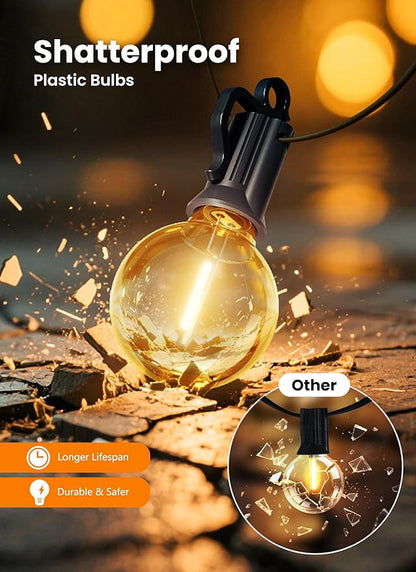 Outdoor String Patio Lights, 50FT 25 LED Patio Lights Waterproof, Connectable Shatterproof Hanging Outside String Light for Backyard, Porch, Deck, Balcony, Garden, House Decor, 2200K