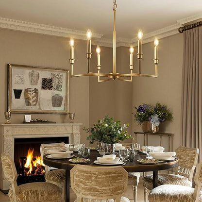 Gold Chandelier Light Fixture 6-Light Candle Dining Room Chandelier Lighting Over Table Vintage Brass Metal Chandeliers for Bedroom Kitchen Island Foyer Entryway, 26in