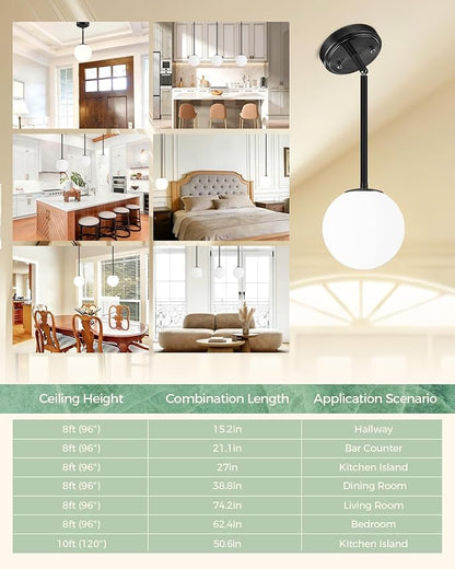 Majade Globe Pendant Lights Kitchen Island Mid Century Modern Pendant Light Fixtures 7.4 Inch Black Ceiling Lighting with Milk White Glass Shade Adjustable Hanging Light for Dining Room Living Room
