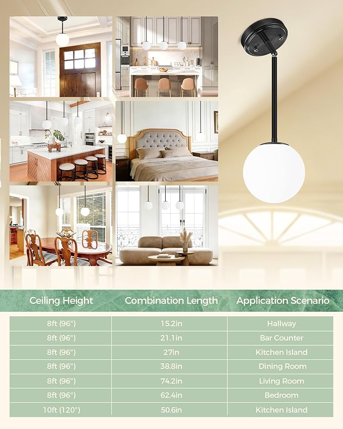 Majade Globe Pendant Lights Kitchen Island Mid Century Modern Pendant Light Fixtures 2 Pack 7.4 Inch Black Ceiling Lighting with Milk White Glass Shade Adjustable Hanging Light for Dining Room