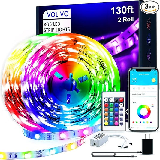 VOLIVO 130ft Led Strip Lights for Bedroom, Color Changing Led Light Strips Kit with Bluetooth App Control and IR Remote, RGB Music Sync Lighting for Room, Home Decor