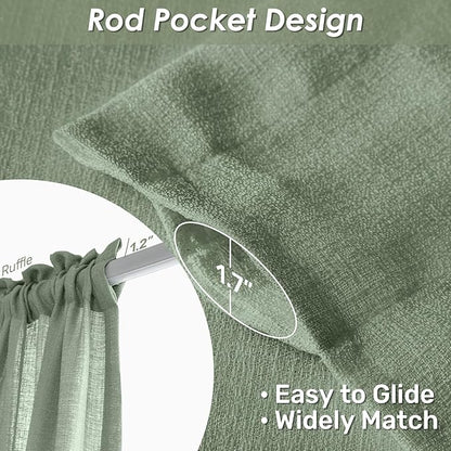Melodieux Sage Green Semi Sheer Curtains 84 Inches Long for Living Room, Bedroom Linen Look Farmhouse Rod Pocket Shiny Sheer Curtain Drapes Light Filtering Home Office, 52" W x 84" L, 2 Panels