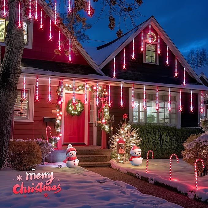 JMEXSUSS Red and White Solar Meteor Shower Rain Lights, 8 Tube 144 LED Solar Christmas Lights for Party Holiday Yard Patio Decorations