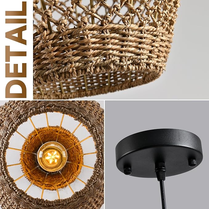 Brown Rattan Pendant Lights Kitchen Island 11.8in Boho Wicker Light Fixture Farmhouse Woven Chandelier Rustic Hanging Lighting for Bedroom Dining Room Restaurant Entryway Hallway Bar