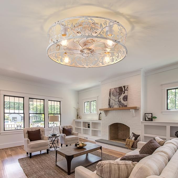 Garwarm 20" Caged Ceiling Fan With Light, Flush Mount Bladeless Fandelier With Remote, Small Low Profile for Bedroom, Kitchen, Dining Room, White Gold