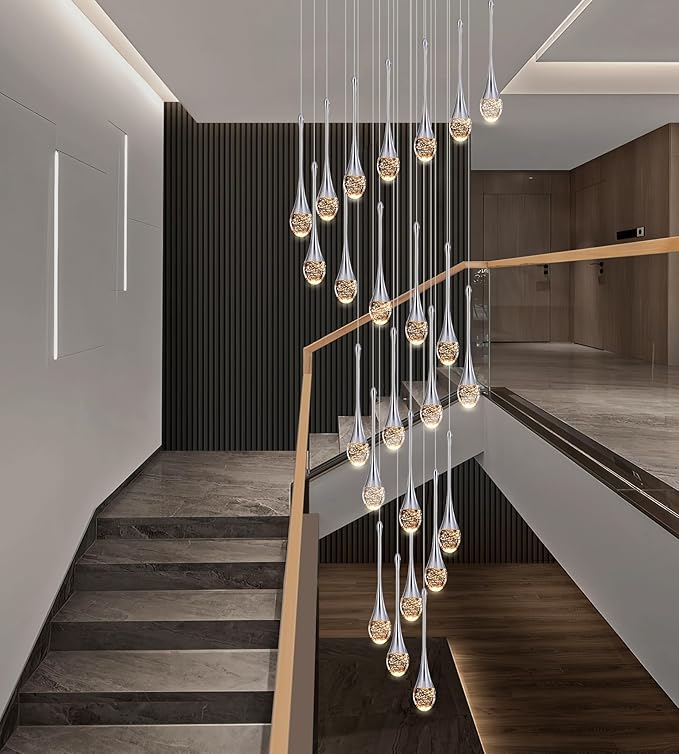 Modern Crystal Staircase Chandelier Polished Chrome 24-Lights, H138'' Large High Ceiling Spiral Dimmable LED Raindrop Foyer Entryway Light Fixture Remote Control