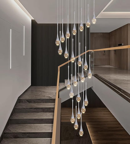 Modern Crystal Staircase Chandelier Polished Chrome 24-Lights, H138'' Large High Ceiling Spiral Dimmable LED Raindrop Foyer Entryway Light Fixture Remote Control