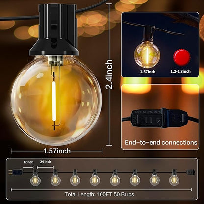 Outdoor String Lights 100FT with 50+2 G40 LED Bulbs, Shatterproof & Waterproof Patio Lights, Connectable Globe String Lights for Backyard Porch Deck Bistro Garden Party