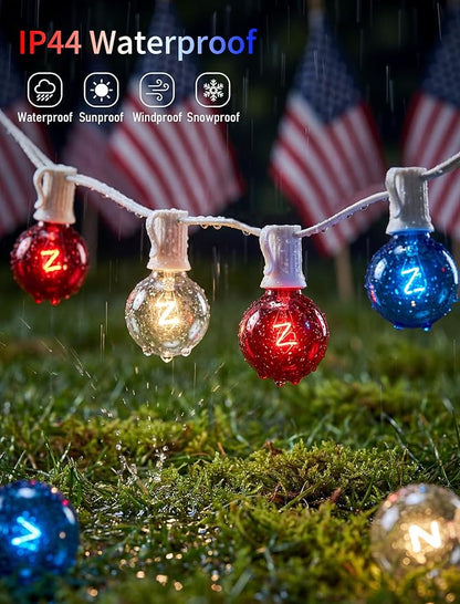 4th of July String Lights 25FT, 27 Incandescent G40 Red White Blue Bulbs (2 Spare), Waterproof Connectable Outdoor Patio Lights for Party Garden Decor