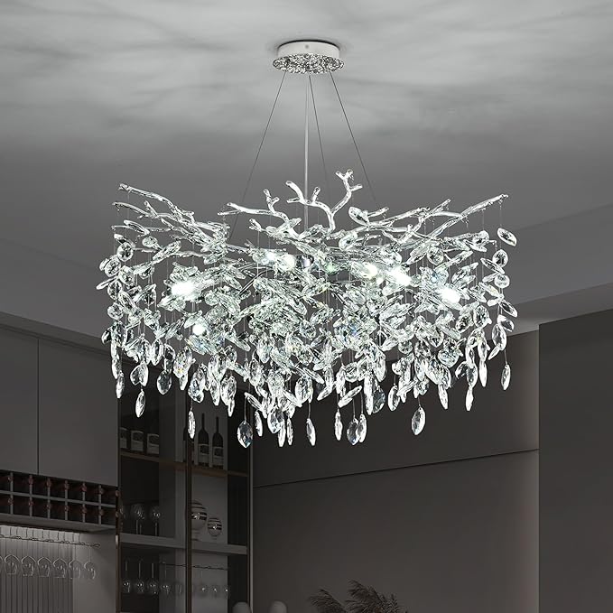 Modern Crystal Tree Branch Chandelier, D23.7'' Round Silver Raindrop Indoor Hanging Ceiling Lighting Fixture for Dining Room Living Room Bedroom Foyer 8 Lights