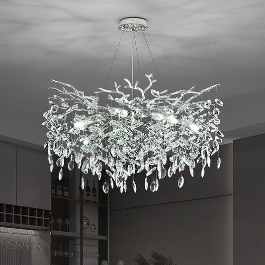 Modern Crystal Tree Branch Chandelier, D23.7'' Round Silver Raindrop Indoor Hanging Ceiling Lighting Fixture for Dining Room Living Room Bedroom Foyer 8 Lights