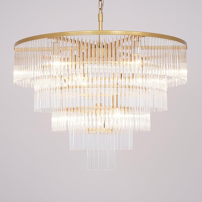 Modern Multi-Tier Crystal Chandelier 5-Tier Round Gold Finish Ceiling Light -Cylindrical Glass Rods -Dining Room Living Room Bedroom Entryway -Luxury Lighting Fixture 27.5''