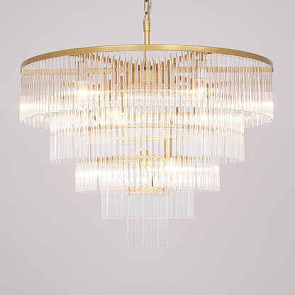 Modern Multi-Tier Crystal Chandelier 5-Tier Round Gold Finish Ceiling Light -Cylindrical Glass Rods -Dining Room Living Room Bedroom Entryway -Luxury Lighting Fixture 27.5''