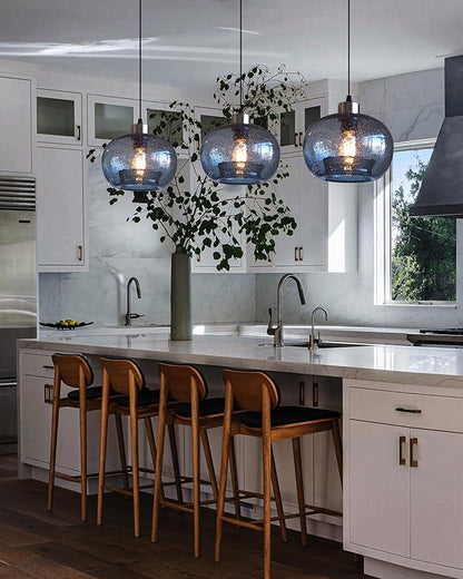 CASAMOTION Glass Pendant Lights Kitchen Island Modern Farmhouse Blue Ceiling Hanging Light Fixtures Globe Over Table Sink Foyer Entryway Brushed Nickel 8.7 Inch Diameter