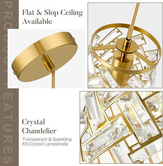 Gold Crystal Pendant Lights Kitchen Island, Modern Mini Chandelier, Adjustable Hanging Ceiling Light Fixture for Kitchen Dining Room Bedroom Foyer Bar (Gold, 1 Pack)