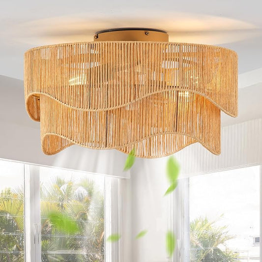 Flush Mount Ceiling Fan with Lights, 20" Low Profile Boho Ceiling Fan with Light Remote Control, Caged Rattan with 6 Speeds for Bedroom, Nursery, Living Room