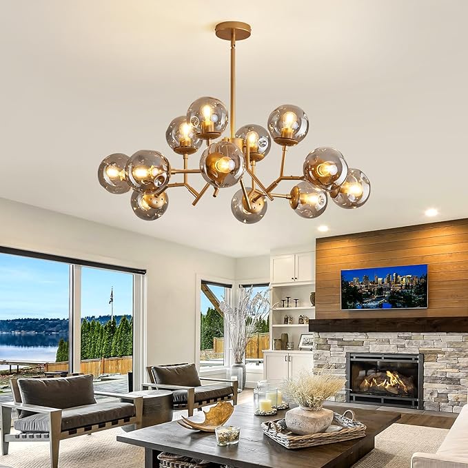 UOFUS 12-Light Glass Globe Sputnik Chandelier Mid-Century Modern Matte Gold Ceiling Light Fixture Vintage Hanging Pendant Light for Bedroom Living Room Kitchen Farmhouse Dining Room