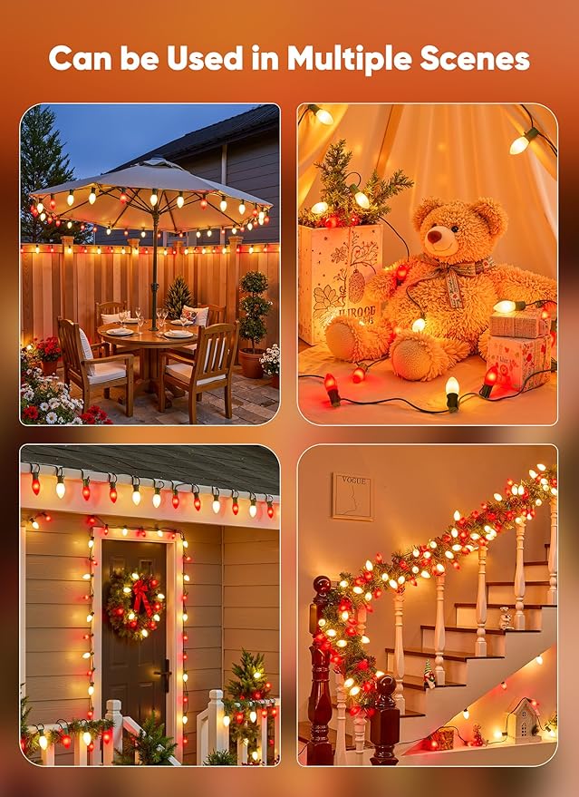 C9 LED Christmas Lights Outdoor, 100 Feet C9 String Lights with 100 Shatterproof Matte Bulbs, Connectable Waterproof Christmas Tree Lights for Holiday Roofline Backyard Garden Decor, Red & Warm White
