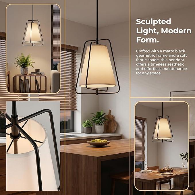 HYDELITE Vintage Black Pendant Light with 15" Off-White Linen Fabric Shade Adjustable Height Chandelier with Metal Frame for Kitchen Island Bedroom Dining Room Living Room