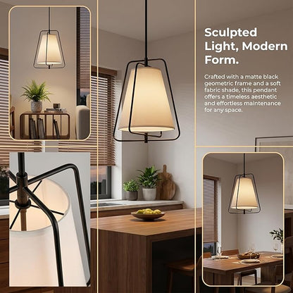 HYDELITE Vintage Black Pendant Light with 15" Off-White Linen Fabric Shade Adjustable Height Chandelier with Metal Frame for Kitchen Island Bedroom Dining Room Living Room