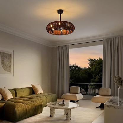 JONATHAN Y 23" Black 6-Light Modern Bohemian Ceiling Fan with Lights, 6-Speed Remote and App Control, Height Adjustable LED Lantern with Dark Brown Rattan Shade for Living Room JYL9728A