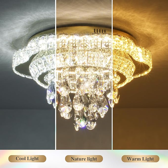Gold 18" Modern Flush Mount Chandelier for Bedroom, LED Crystal Ceiling Light Over Table,Elegant Dining Room Lighting Fixture with Remote Control, 3CCT Dimmable