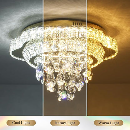 Gold 18" Modern Flush Mount Chandelier for Bedroom, LED Crystal Ceiling Light Over Table,Elegant Dining Room Lighting Fixture with Remote Control, 3CCT Dimmable