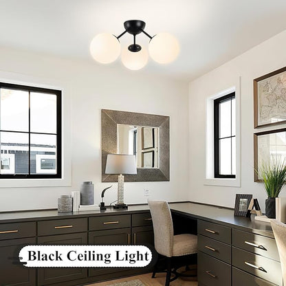Bagood 3-Light Mid Century Modern Semi Flush Mount Ceiling Light, Opal Glass Globe & Matte Black, Dimmable, UL Certified, for Bedroom, Kitchen, Living Room (Bulb Incl.)