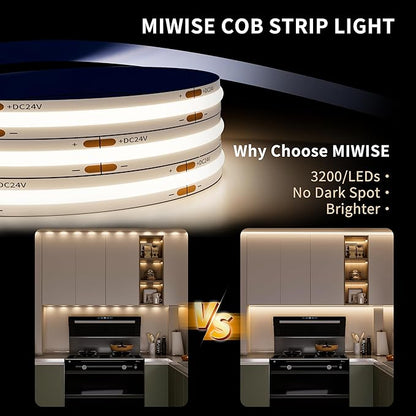 MIWISE COB LED Strip Light 32.8ft/10m,CRI 90+ Natural White 4000K High Lumen Dimmable Super Bright Flexible DC24V LED Tape Light with Controller/Dimmer,for Cabinet Home Office DIY Lighting Projects