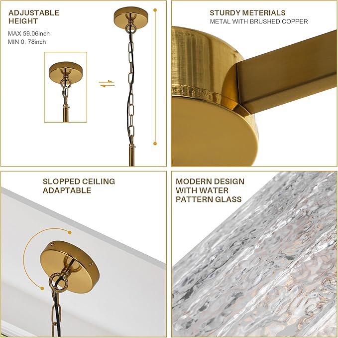 Gold Crystal Chandeliers for Dining Room, 24" Modern Drum Chandelier,Water Ripple Glass, Adjustable Height, Pendant Dining Room Light Fixture for Kitchen Island Hallway Entryway Foyer