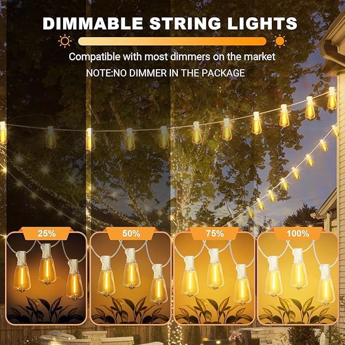 LAMPHOME 2-Pack 26FT Outdoor Patio Lights, 2700K Warm White String Lights，12+1 LED Waterproof Shatterproof Edison Bulbs, Dimmable with Timer for Garden Backyard Yard Hanging Lighting