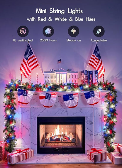 4th of July Decoration Patriotic Mini String Lights - 200 Count 40 Feet Red White Blue Christmas Lights Green Wire Waterproof for Indoor Outdoor Xmas Holiday Party Patio Independence Day Decoration
