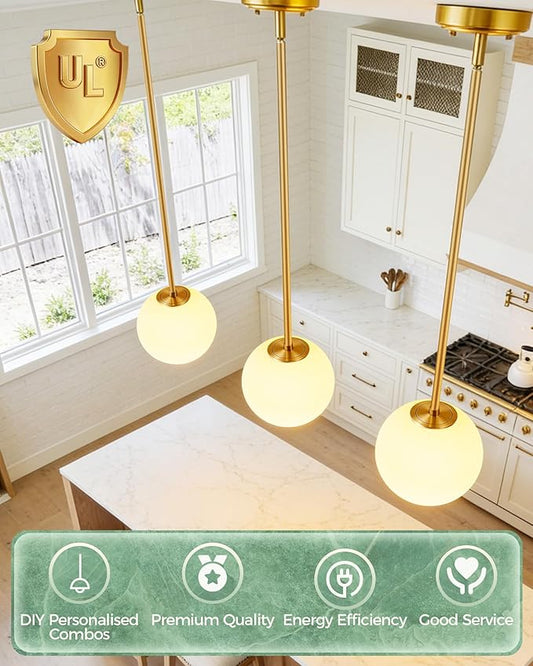 Majade Globe Pendant Lights Kitchen Island Mid Century Modern Pendant Light Fixtures 2 Pack 7.4 Inch Gold Ceiling Lighting with Milk Glass Shade Adjustable Brushed Brass Hanging Light for Dining Room